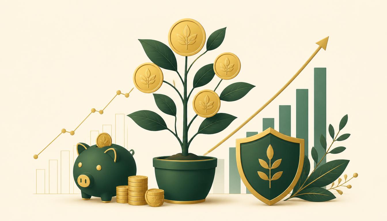 Ilustração sobre educação financeira com cofre, moedas, planta crescendo e escudo de segurança